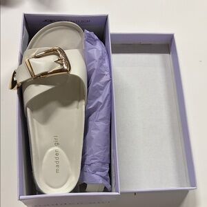 Madden Girl Brookk bone Paris Cream Slide Sandal with Gold Buckle Accent